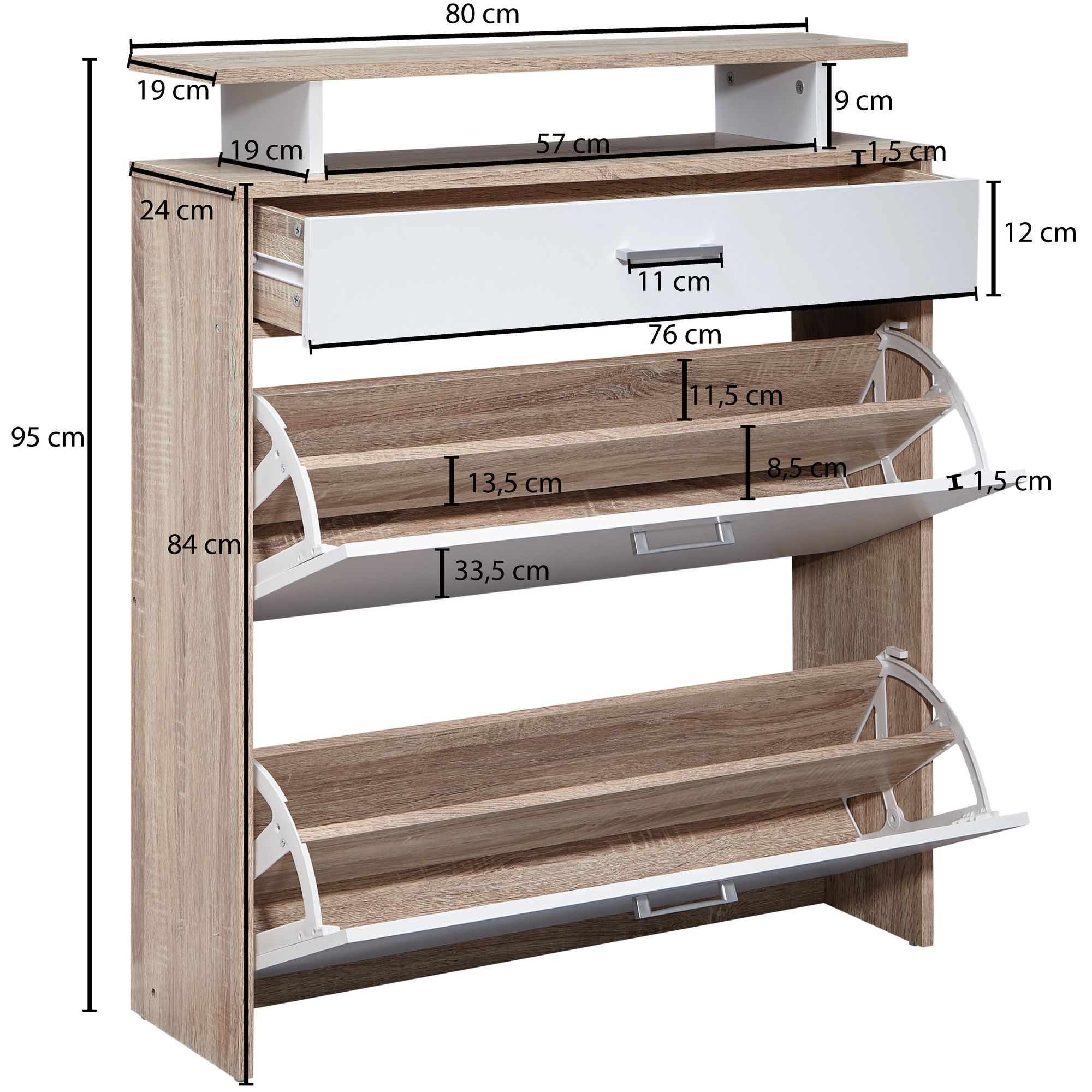 KADIMA DESIGN Schuhkipper mit Schublade - Sonoma Eiche, 4 Fächer, Großzügige Ablagefläche, Formschöne Griffe, MDF Holz, KADIMA DESIGN