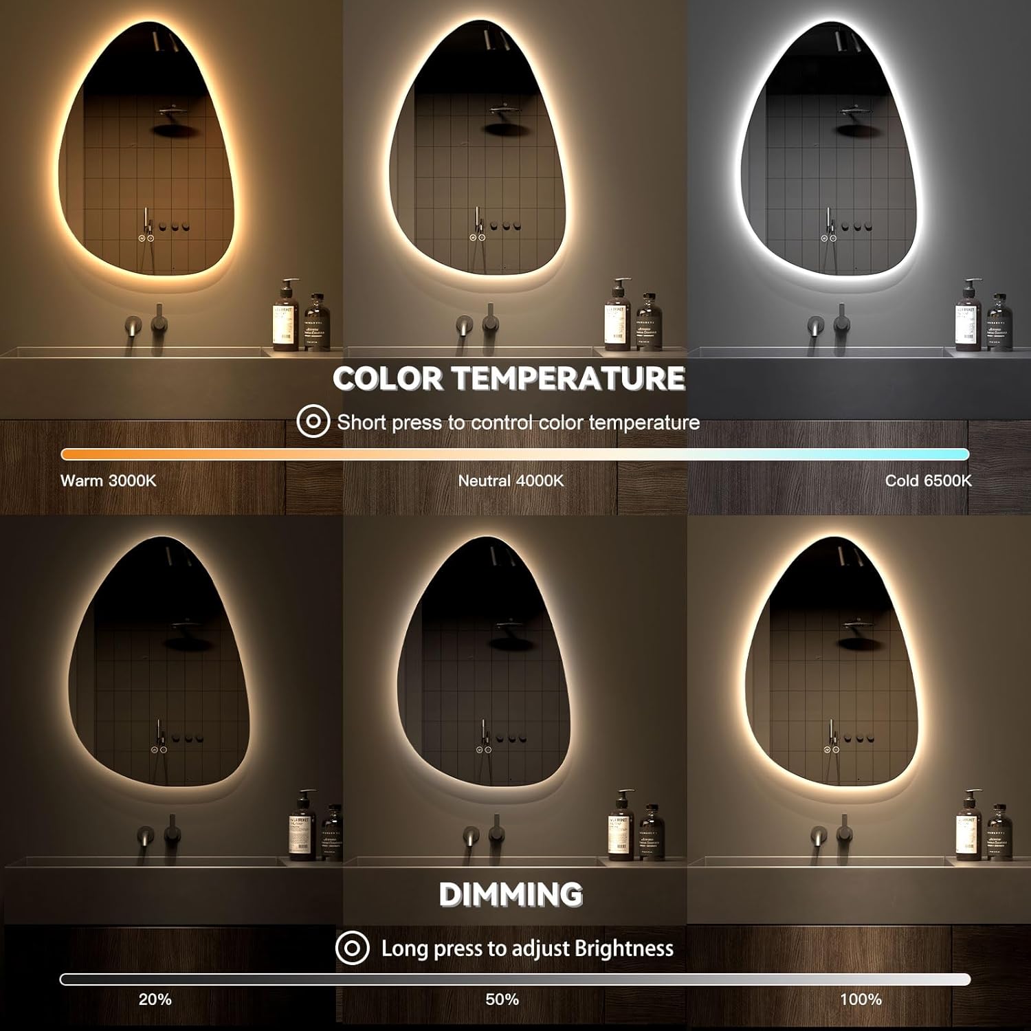 Dripex Badezimmerspiegel Led Badspiegel, Asymmetrisch, Touch-Schalter, Dimmbar, 3 Lichtfarbe Einstellbare Spiegel Bad mit Beleuchtung, Organischer Wandspiegel, Beschlagfrei 80x55 cm