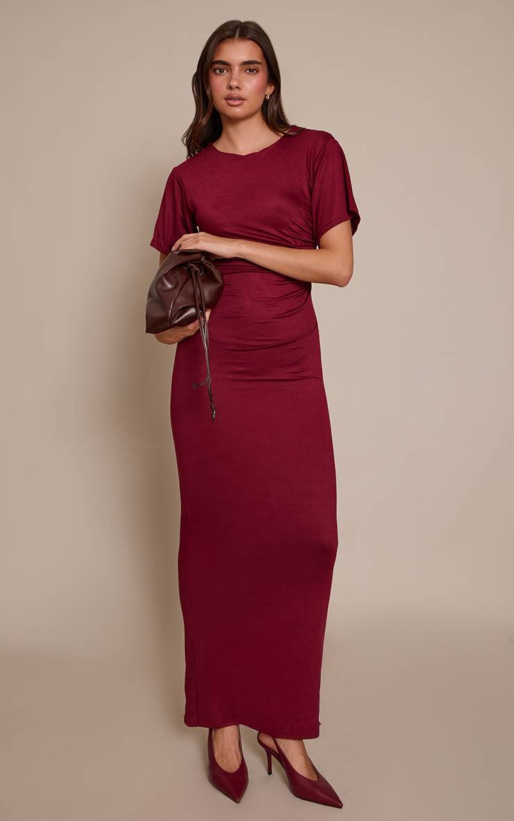 Rouge Bordeaux Robe Maxi En Jersey À Manches Courtes Et Col Bateau