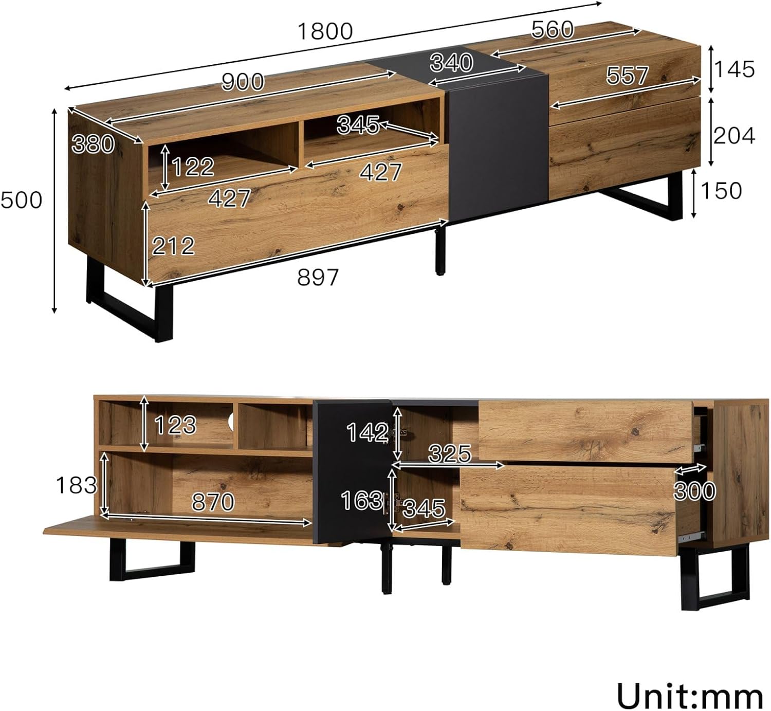 KOMHTOM Modernes schwarzes Holz farbkombination tv Schrank vorratsschrank, Sideboard mit 4 Fächern 1 Boden Tür 2 Schubladen, Mehrzweckschrank für Wohnzimmer Schlafzimmer Flur (C)