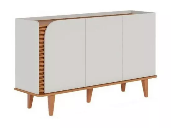 Buffet Bas 3 Portes 5 Niches Blanc et Chêne 5 Pieds Bois L 136 H 79.2 P 39.3 cm