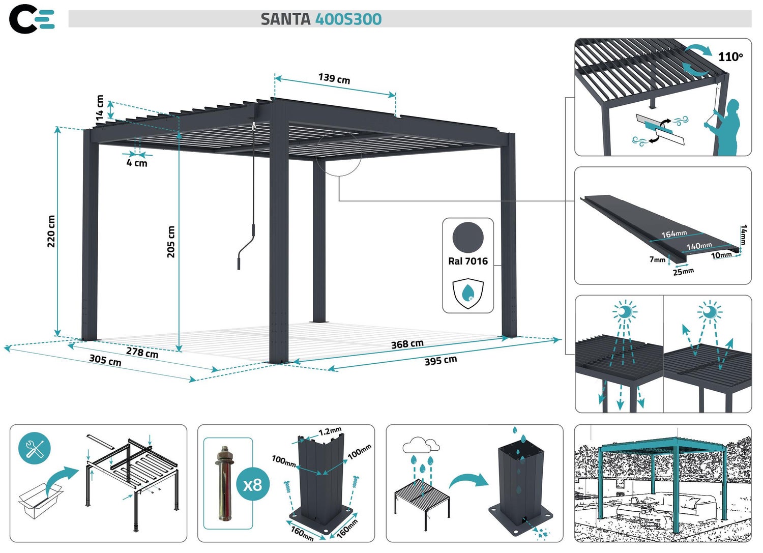 Aluminium lamellendak SANTA 400S300 antracietgrijs