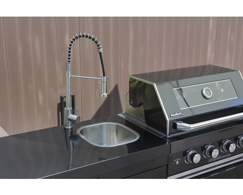 Buschbeck Cambridge 4-pits gasbarbecue/buitenkeuken met zijbrander en achterbrander, zwart, inclusief opbergplank, dekselthermometer, vetopvangbak, zijplank, bedieningsknoppen met ledverlichting en grillrooster van gietijzer.