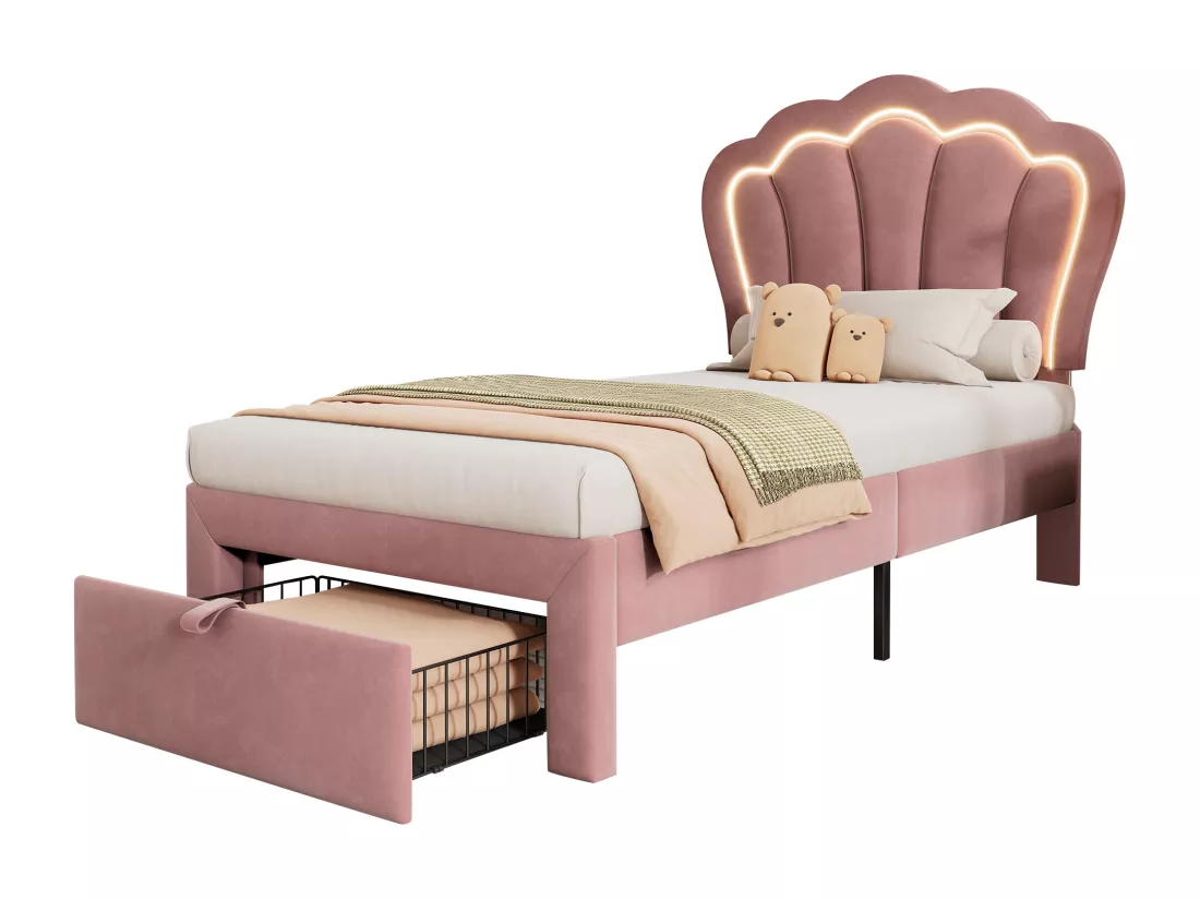 Lit 90x190 cm en velours avec tiroirs et LED de contrôle APP - Rose