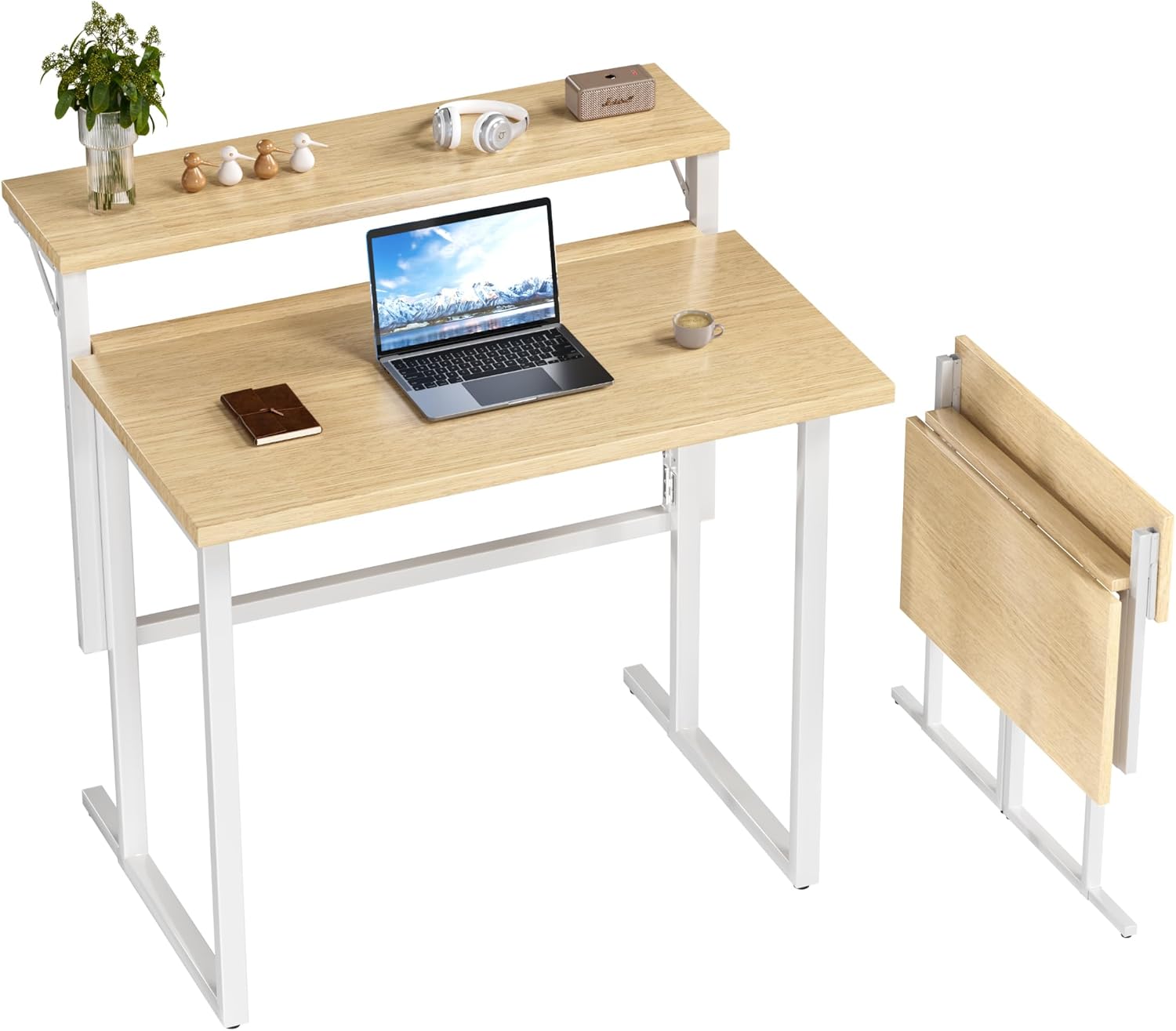 JUMMICO Schreibtisch Klappbar, 80 cm Kleiner Schreibtisch mit Monitorablage, 2-stufiger Klapptisch für Home Office, Büro, Schule, Computertisch für kleine Räume, Beige