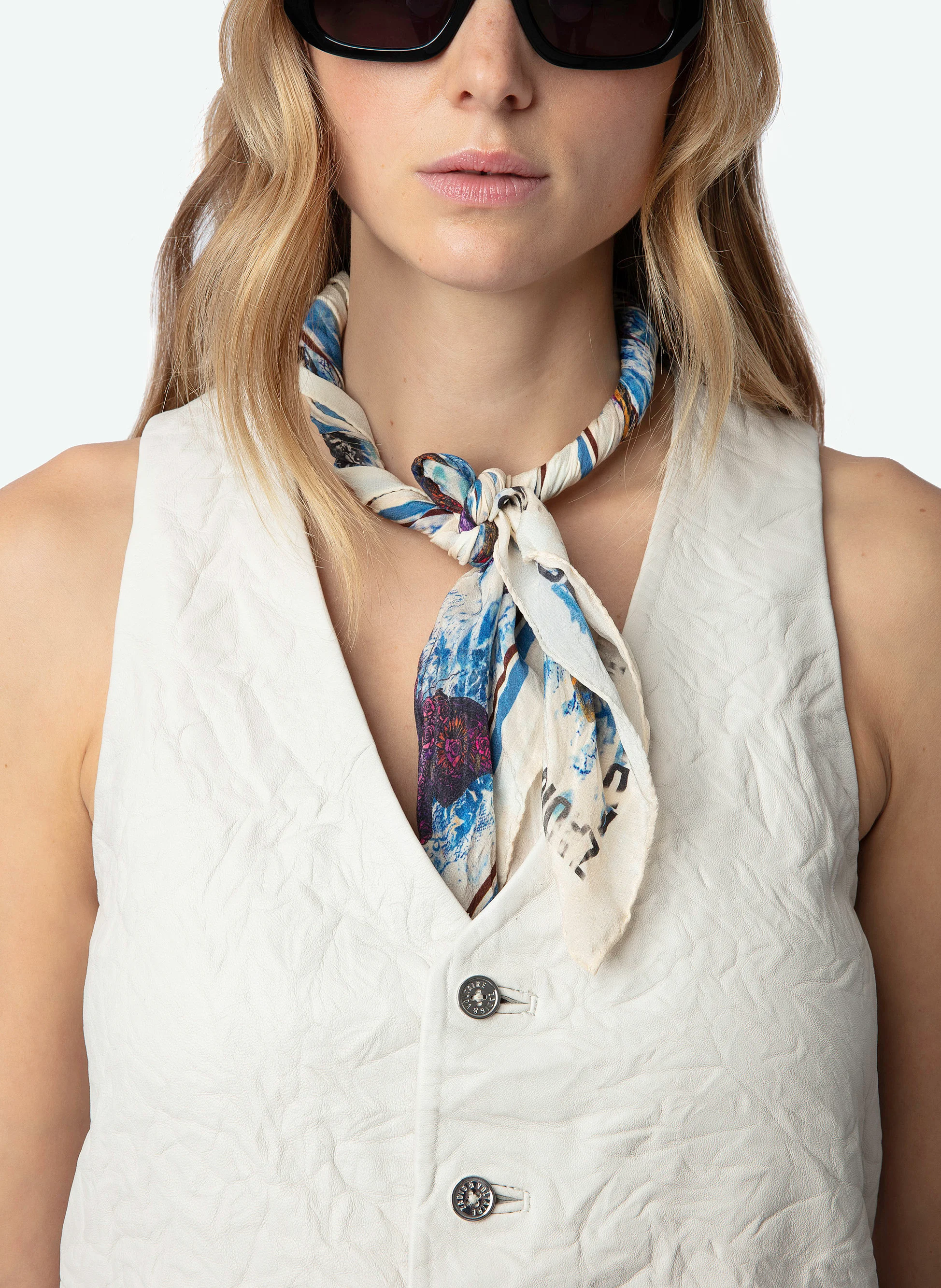 EMILIE - Gilet veston sans manches en cuir froissé | Blanc