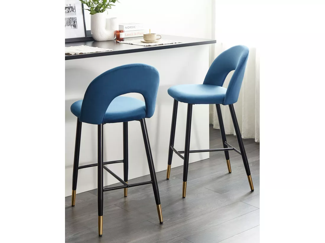 Lot de 2 chaises de bar FALTON Velours Bleu