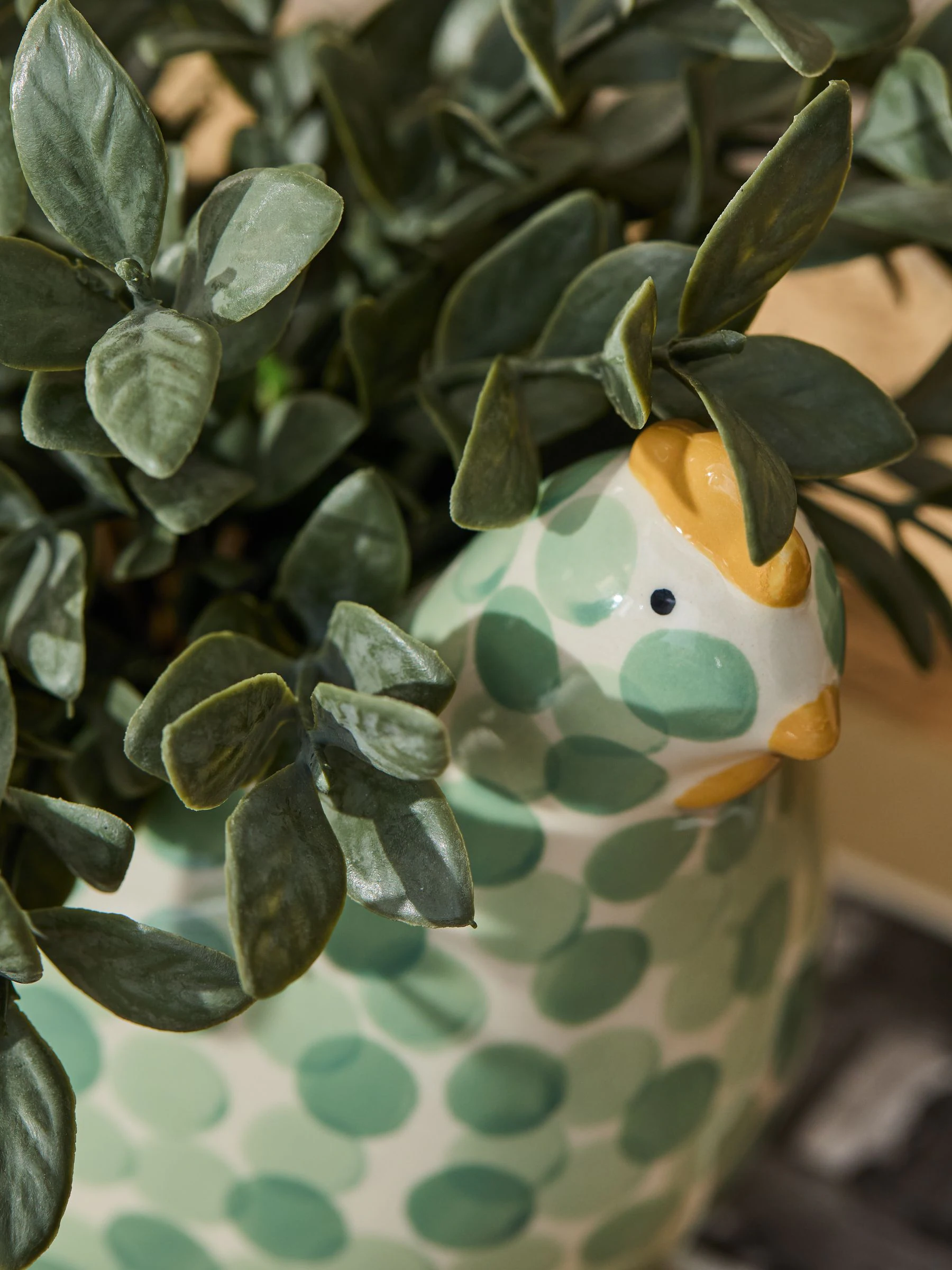 Artificial Plant In Spotted Ceramic Chicken Planter