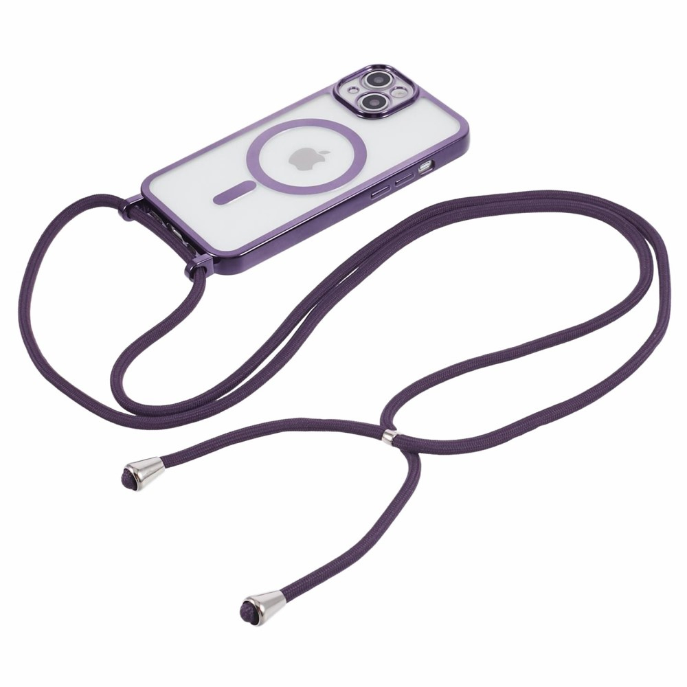 iPhone 15 MagSafe Necklace Gummi Case Hülle Galvanisierter Rahmen mit Handykette (160cm)   Kameraschutz - Lila / Transparent