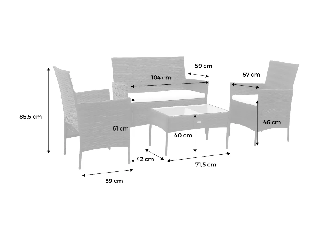 Salon de jardin en résine tressée - Moltès - Noir. Coussins ecru - 4 places - 1 canapé. 2 fauteuils. une table basse