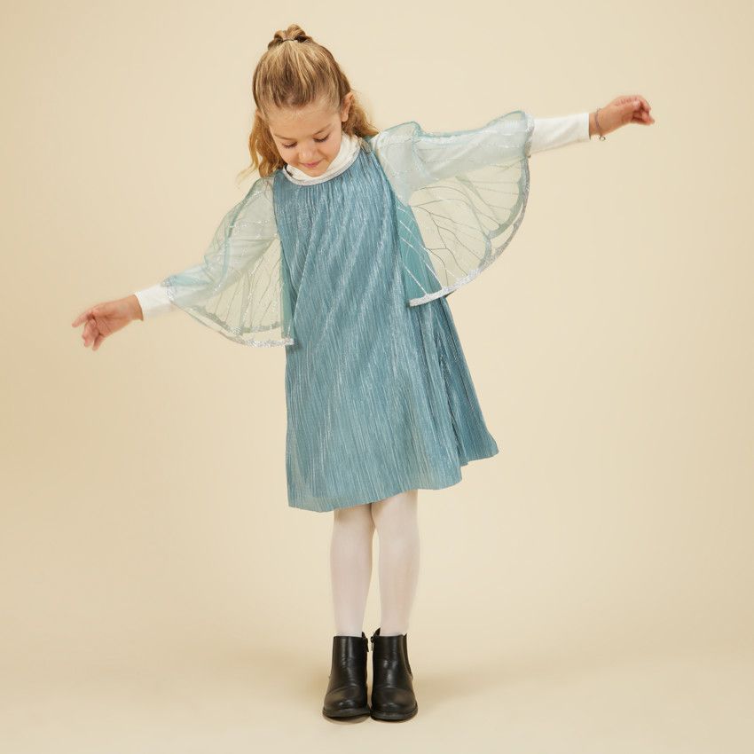 Robe plissée avec cape en tulle pour fille - Kaki
