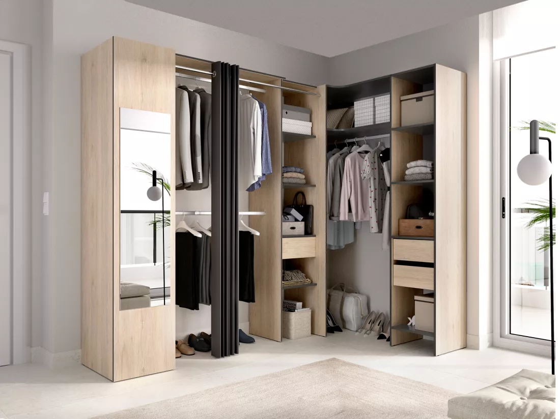 Dressing d'angle avec rideau et 1 porte - Avec miroir - L231 cm - Coloris : Naturel et anthracite - BERTRAND