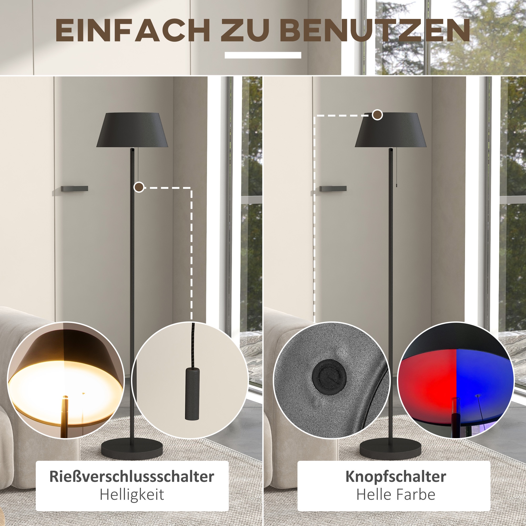 HOMCOM Stehleuchte mit LED für buntes und warmweißes Licht schwarz 32L x 32B x 153H cm