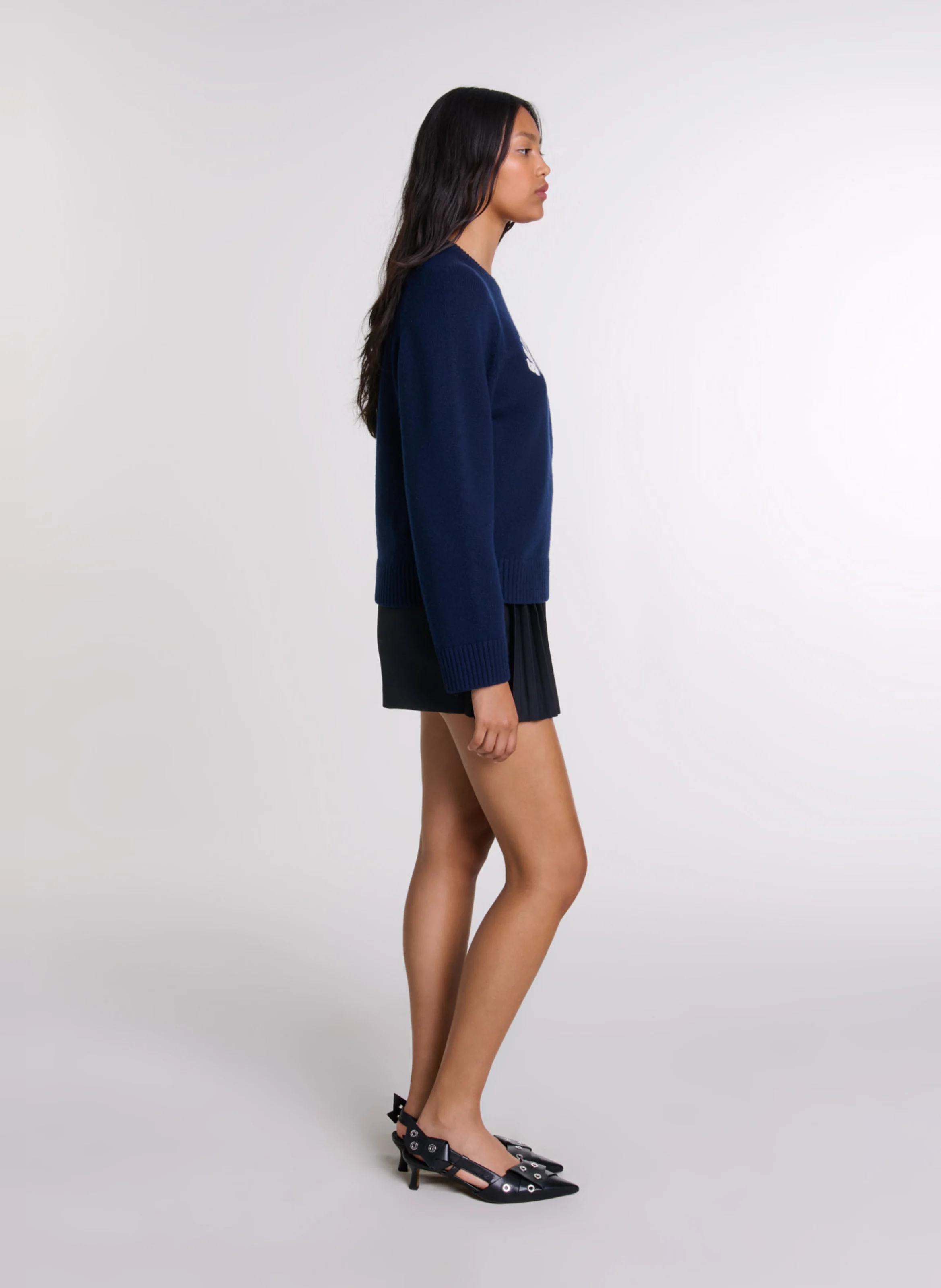 Pull col rond droit en laine mélangée | Bleu