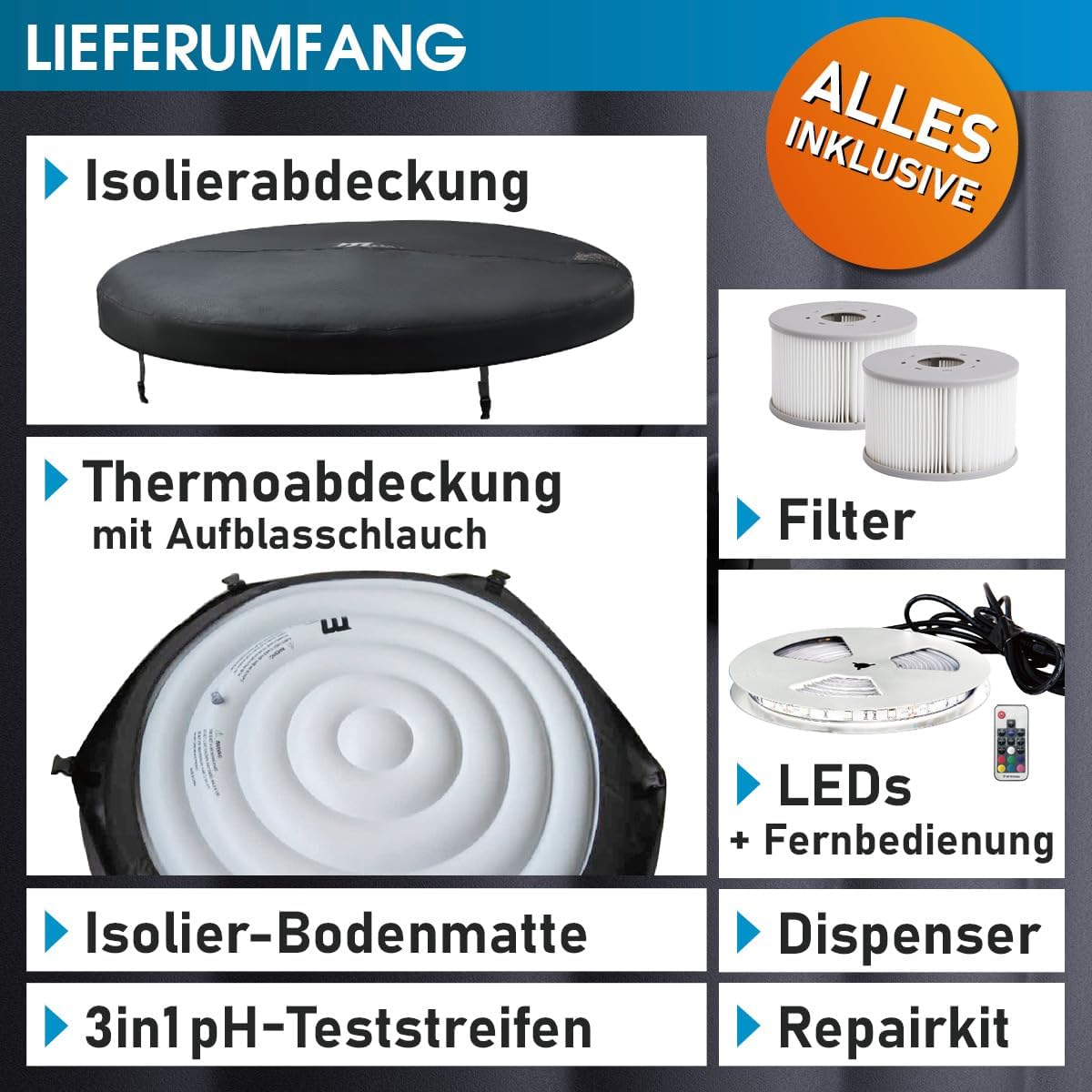 BRAST Whirlpool MSpa Denver & Rova mit Fester Außenwand | Ø182x70cm | LED-Beleuchtung mit 20 Farben für 6 Personen | 130 Massagedüsen | Ganzjähriger Einsatz Winterfest | In & Outdoor | Denver