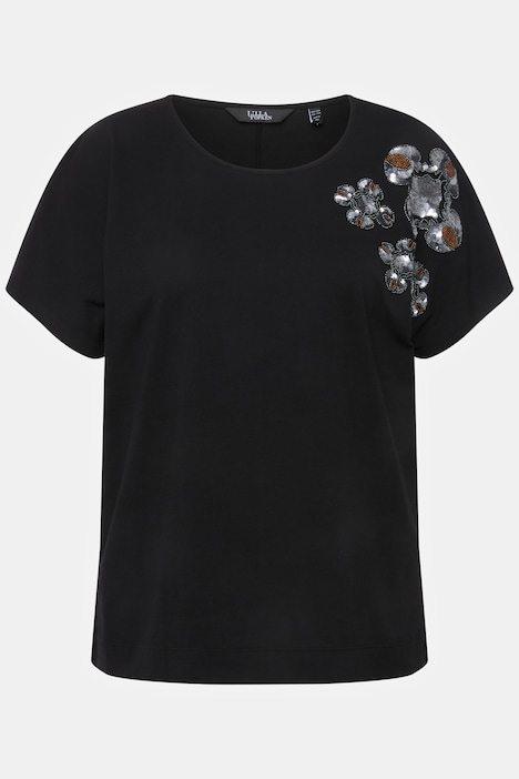T-Shirt, Pailletten-Blüten, Oversized, Rundhals, Halbarm