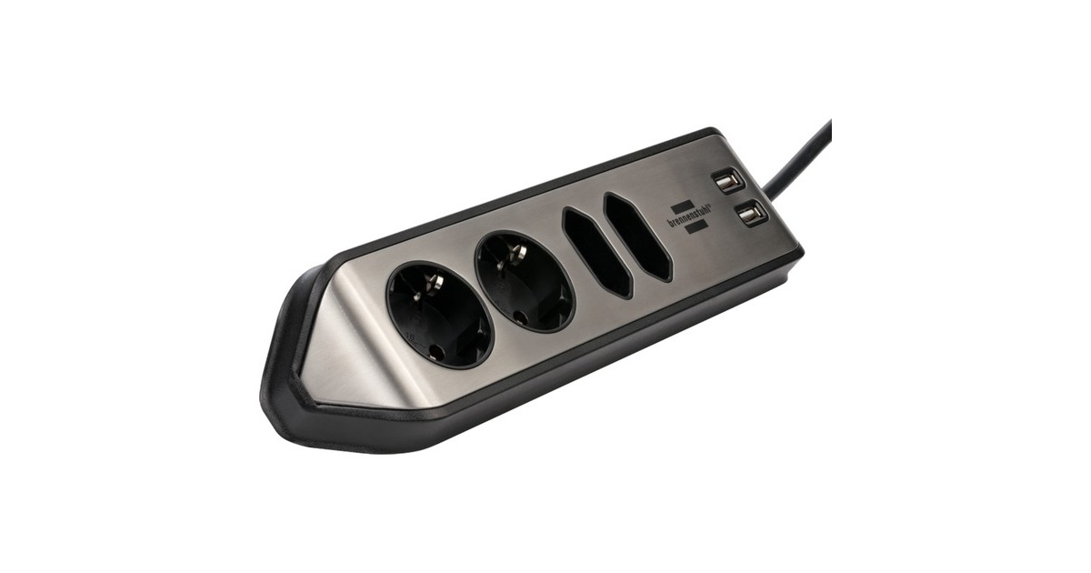 BrennenstuhlEstilo Hoekstekkerdoos 4-voudig stekkerdoos  (Zwart/roestvrij staal, 2x USB)