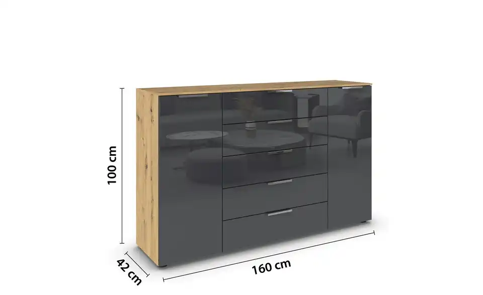 Sideboard Basaltgrau, Eiche Artisan (Nachbildung) Front: Glas, Oberboden: Dekor 160 cm verchromt