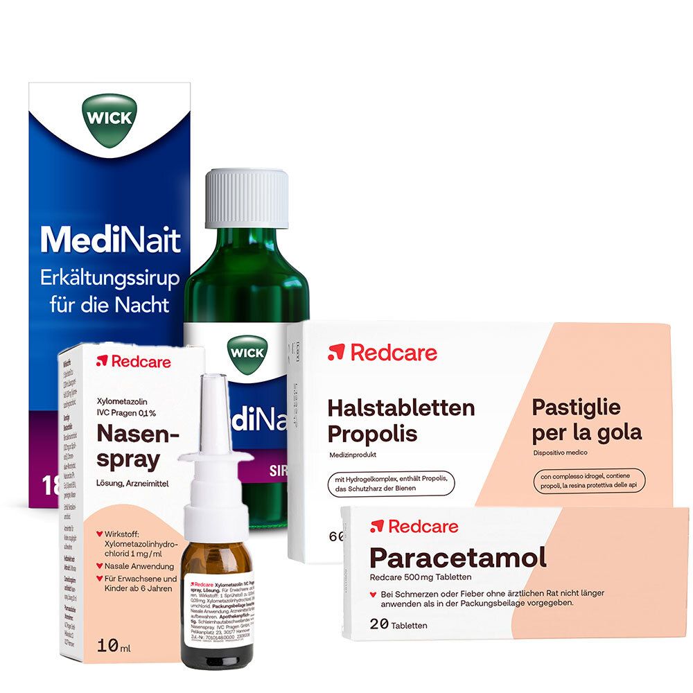Paracetamol Redcare 500 mg gegen Schmerzen + WICK MediNait Erkältungssirup zur Linderung von 6 Erkältungssymptomen + Redcare Halstabletten Propolis + Redcare Xylo 0,1 % Nasenspray