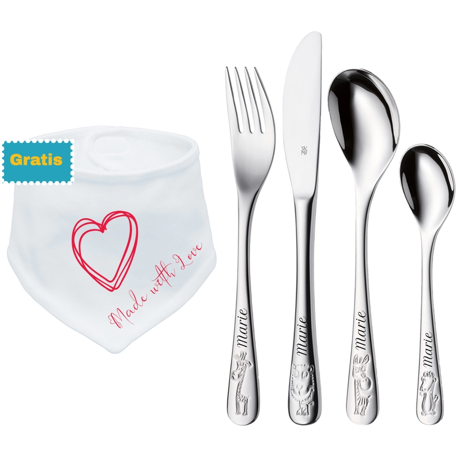 Schnullireich Geschenkset mit Namen Safari: WMF Kinderbesteck + Gratis Sabberlätzchen Silber