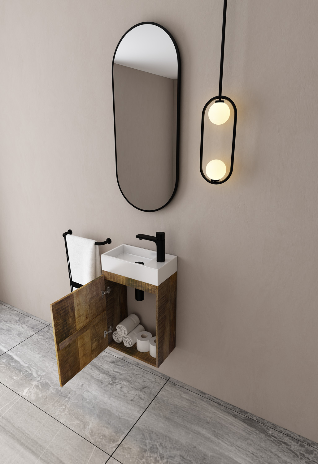 MD Interior Bello toiletmeubel mangohout links met solid surface fontein rechts