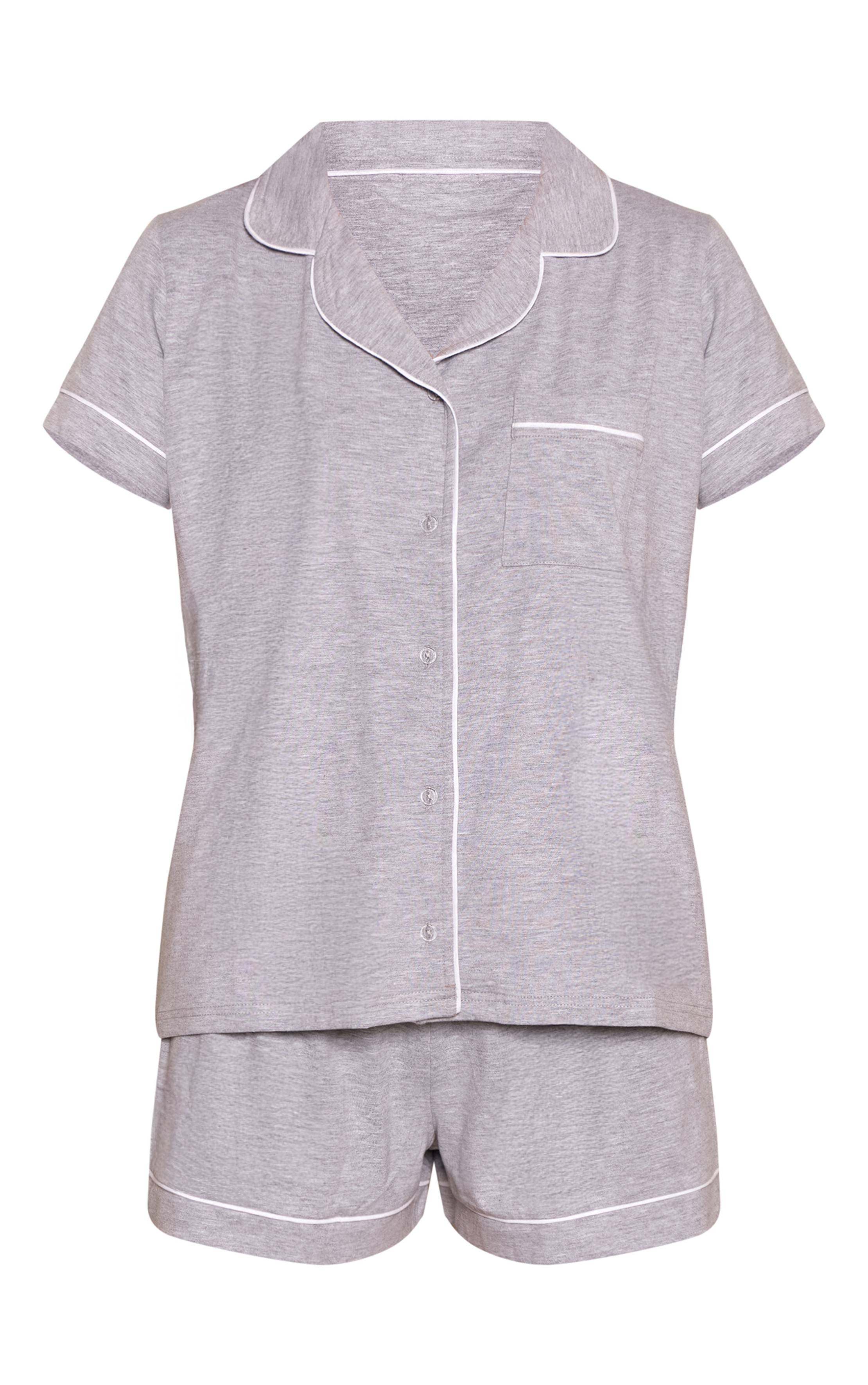 Gris Chiné Ensemble Pyjama En Jersey Doux Avec Passepoil Manches Courtes Et Short