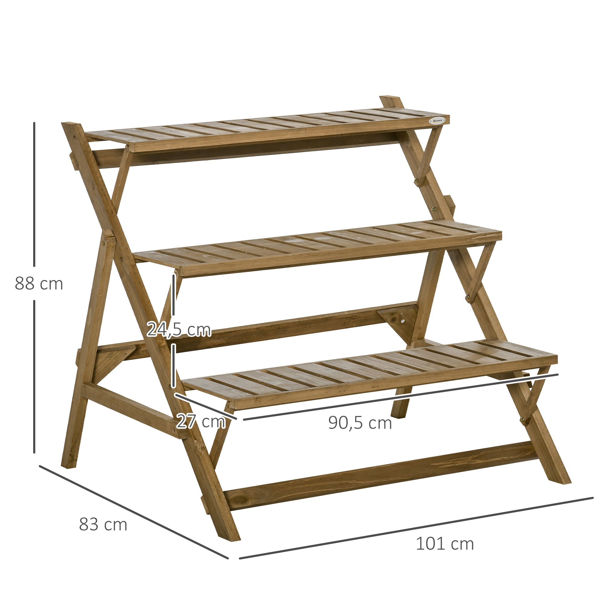 Suporte de madeira para plantas Outsunny, com 3 prateleiras dobráveis em formato de escada, ideal para decoração de interiores e exteriores, 101 x 83 x 88 cm, marrom.