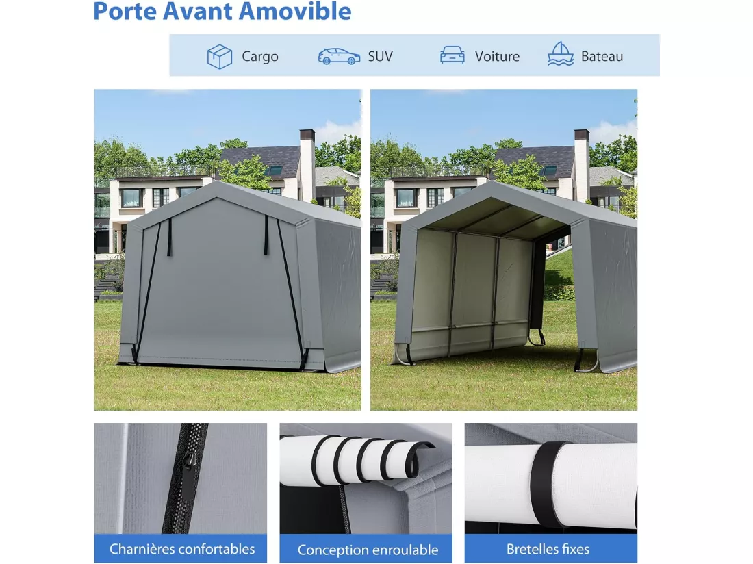 Tente Garage Portable en Acier pour Voiture, Abri Voiture Étanche 290 x 490 cm, Grand Auvent de Garage Portable avec Portes, Poutres Triangulaires, Toutes Saisons pour SUV, Bateau, Cargaison
