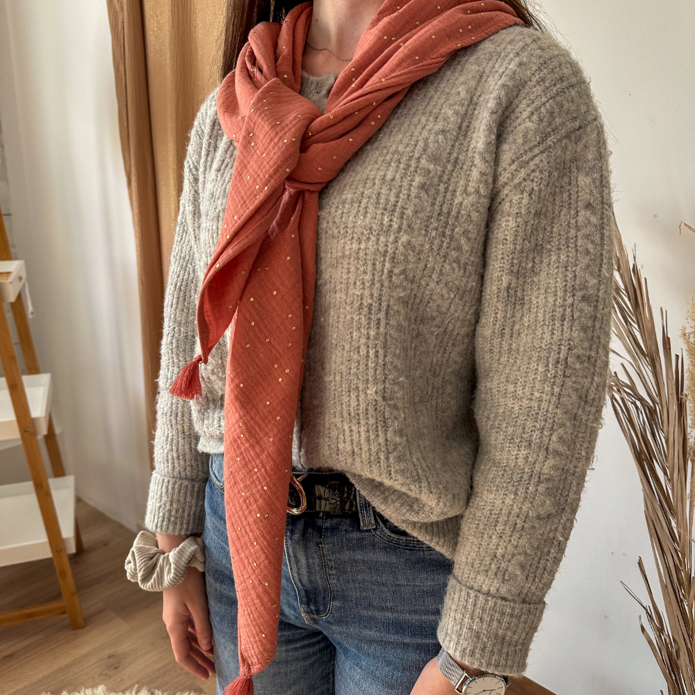 Foulard Pompon Gaze Pois Or Rose Blush