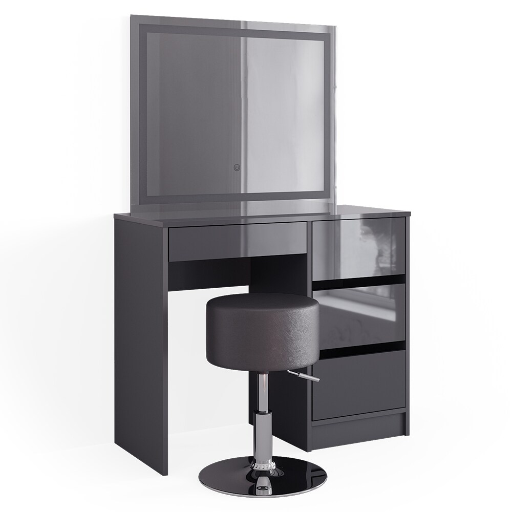 Vicco Schminktisch Sherry Anthrazit Hochglanz 90 x 75 cm LED-Spiegel & Hocker