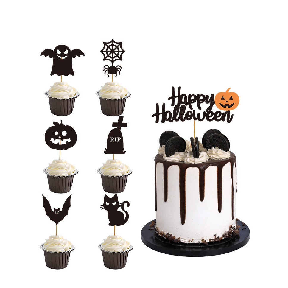 (7-tlg. Set) Halloween Kuchenstecker Grusel Tortenstecker Party Deko Topper für Torten / Kuchen - Schwarz