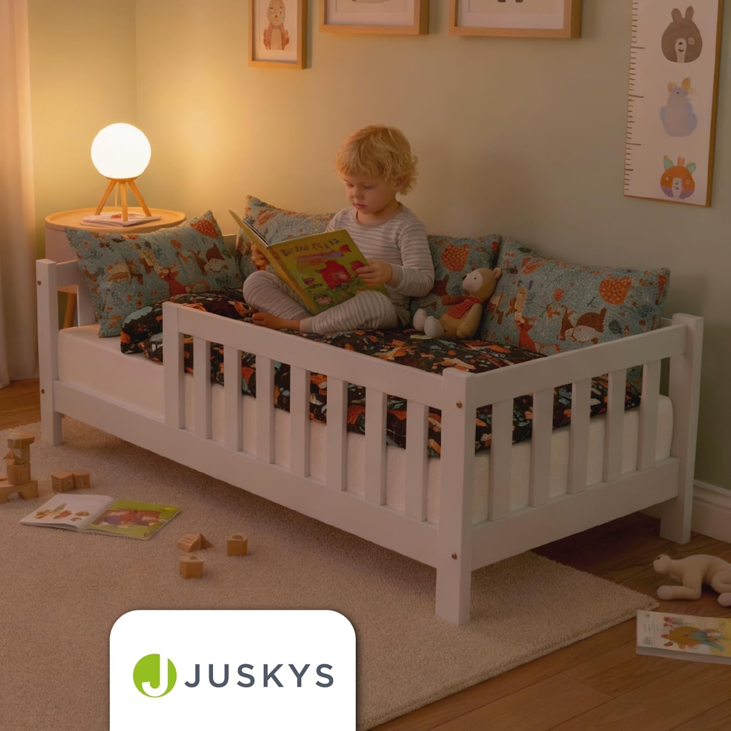Juskys Kinderbett Naya - 90x200 cm Bett mit Rausfallschutz & Lattenrost - Holz Bodenbett für Kinder 3-10 Jahre - modernes Bettgestell Weiß