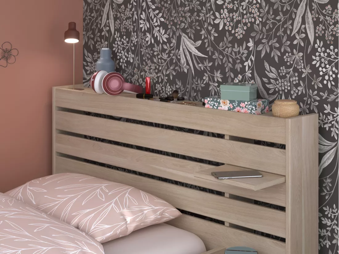 Lit 90 x 190/200 cm avec rangements - Coloris : Naturel + Sommier - TENALIA
