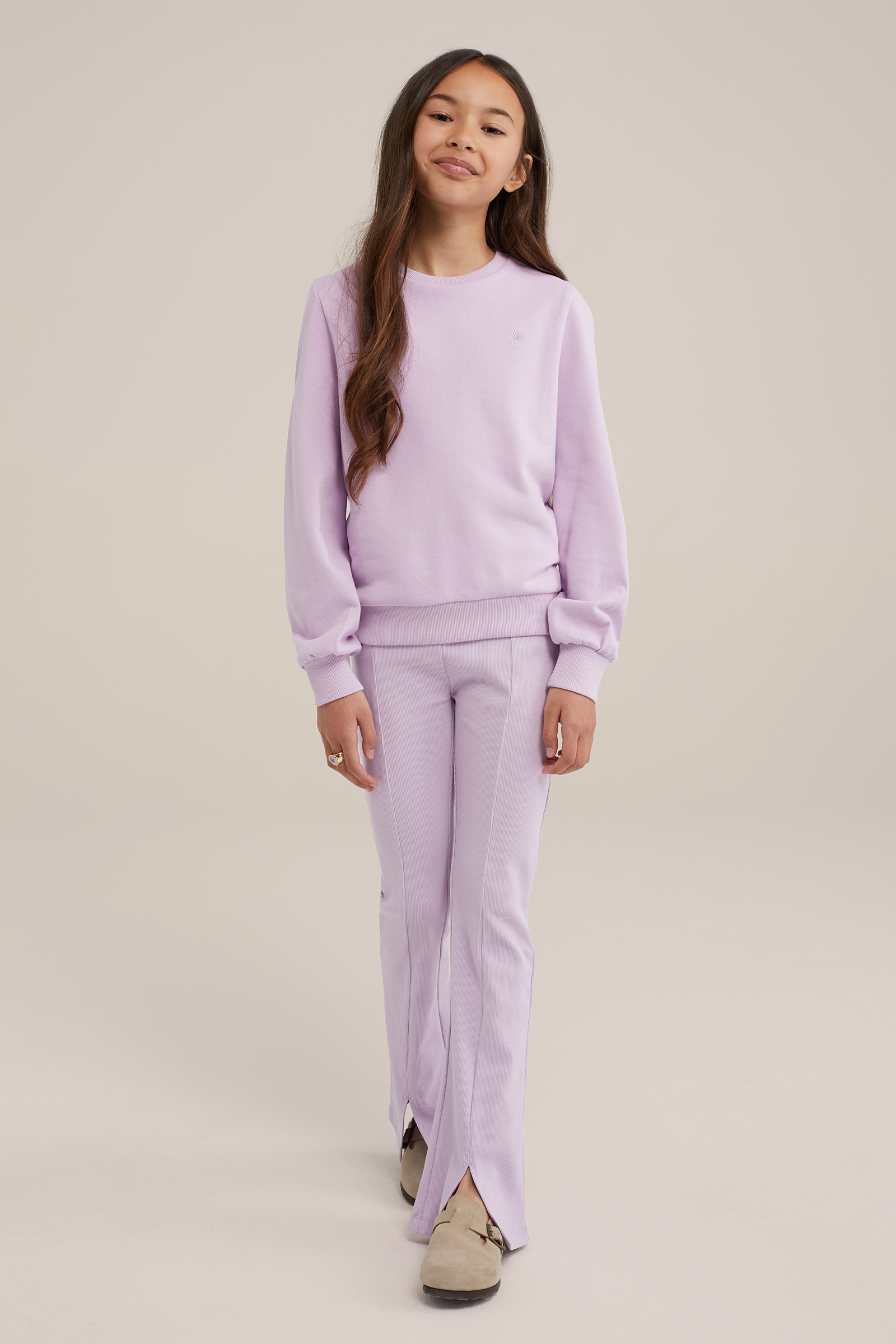 Meisjes flared legging met ribstructuur WE Fashion Lichtpaars