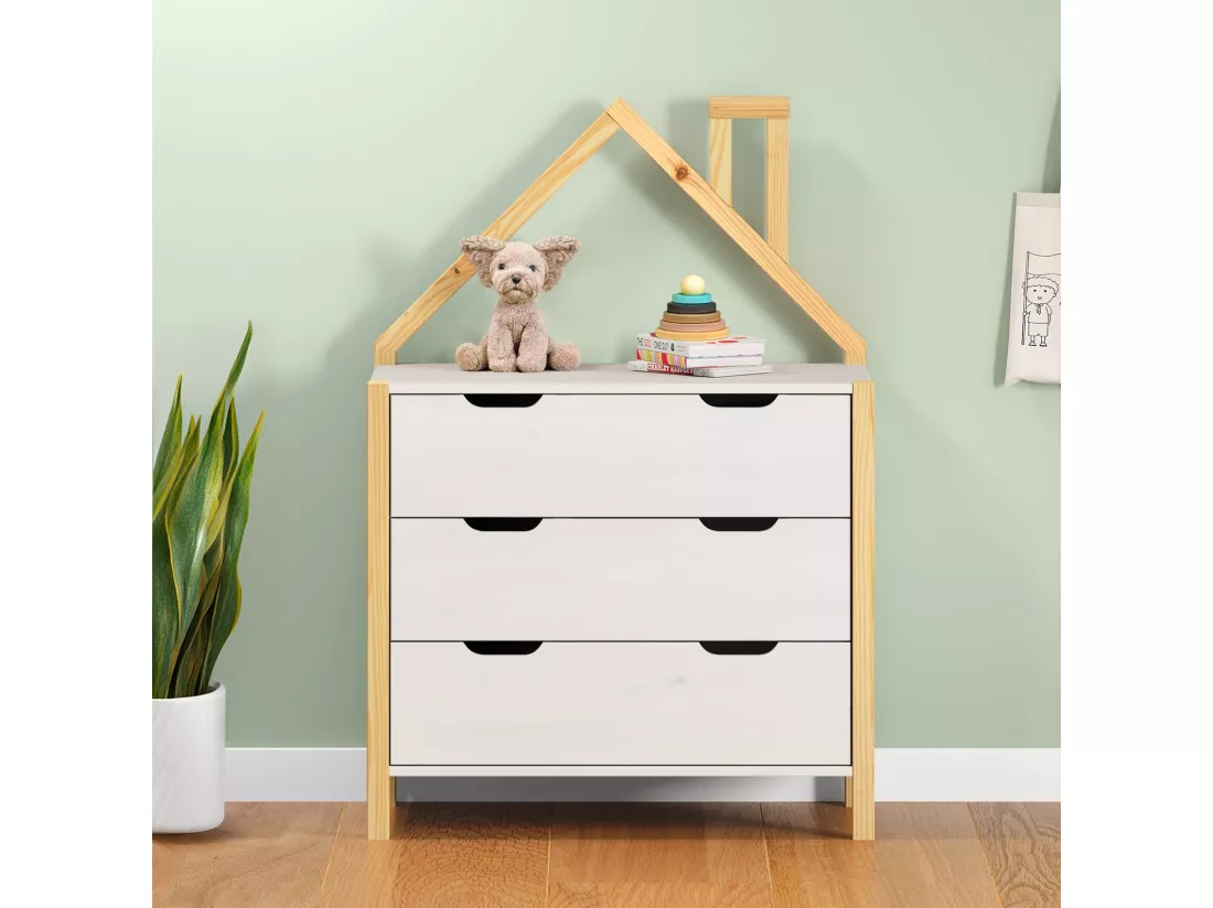 Commode Enfant ELANO en Bois Massif coloris naturel et blanc avec 3 Tiroirs de Rangement, 84 x 120 x 41 cm