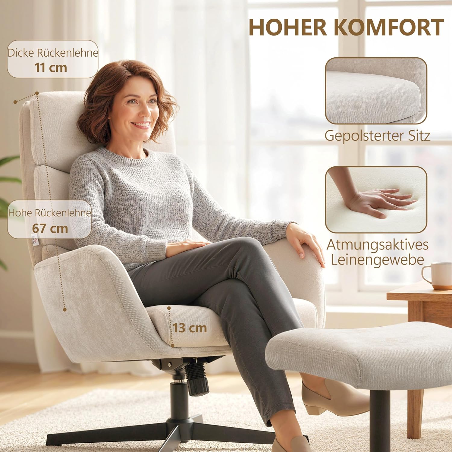 HOMCOM Relaxsessel mit Hocker, Sessel mit hoher Rückenlehne, Loungesessel mit Wippfunktion Leinenoptik Metallsockel, Polstersessel für Wohnzimmer, Schlafzimmer, Beige