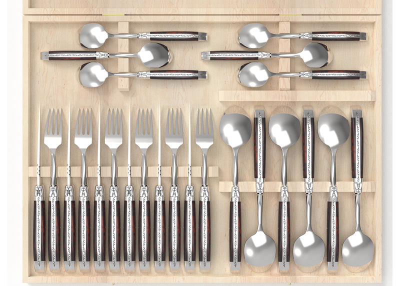 Service Laguiole de 24 pièces avec un manche en bois d'amourette et mitres en acier inoxydable