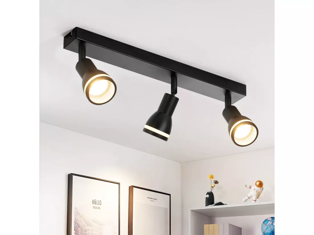 NETTLIFE Plafonnier noir moderne : 3 spots de plafond orientables en métal, plafonnier GU10, pour chambre, salle à manger, sans ampoule