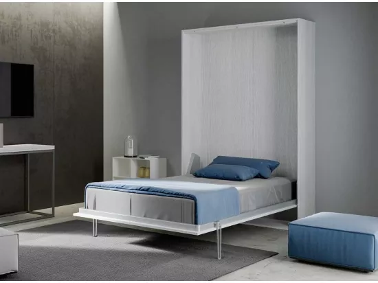 Lit escamotable vertical frêne blanc et porte violet kanto 120x190