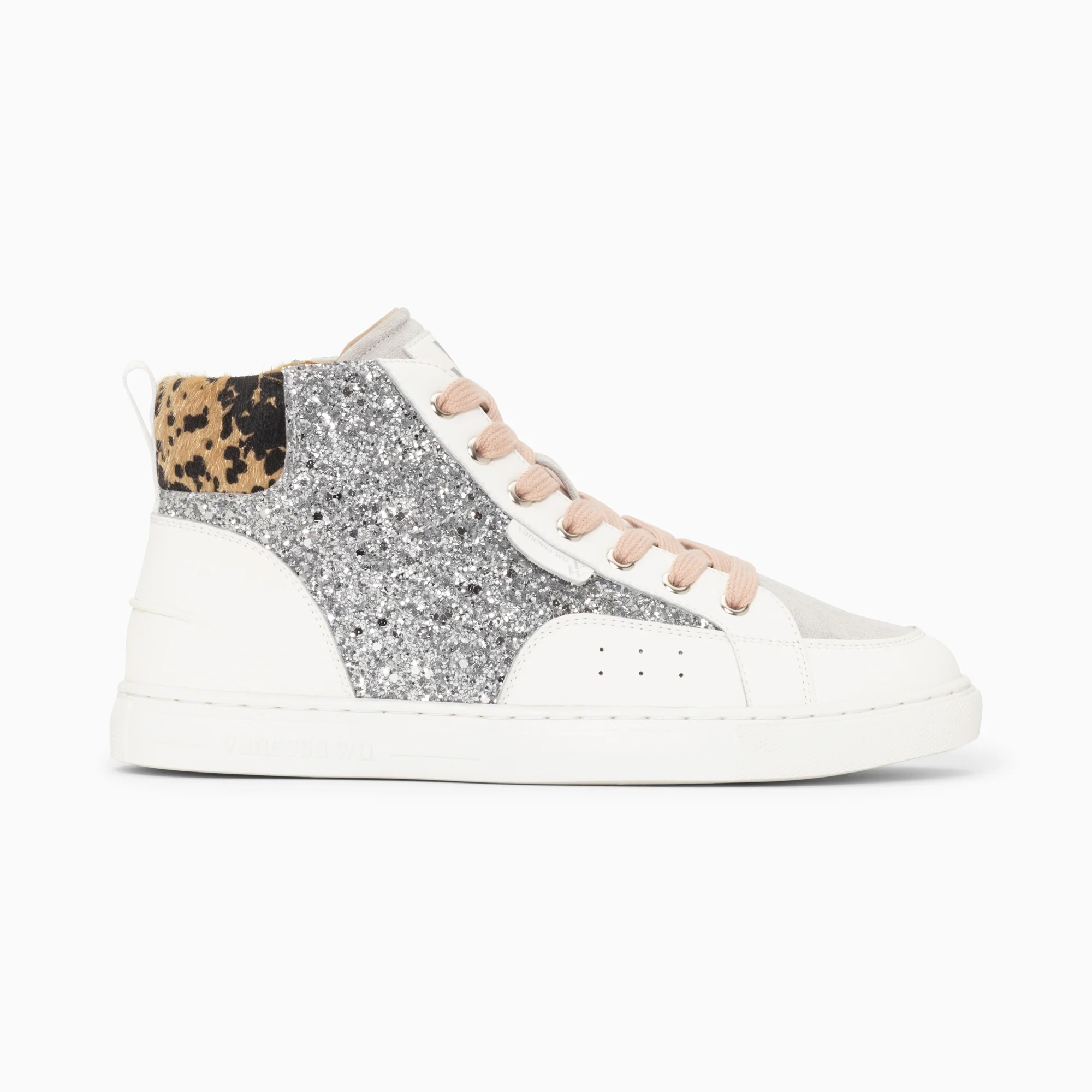 Sneakers-Baskets montantes Gwen à paillettes argent et lacets vieux rose