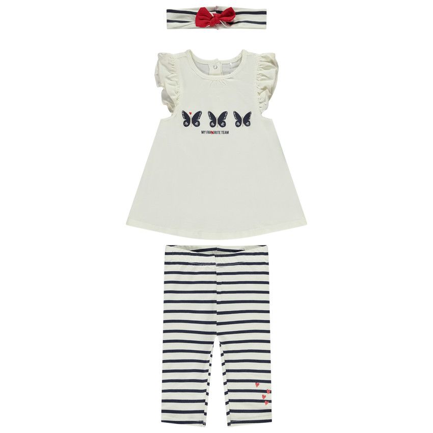 Ensemble 3 pièces tunique + bandeau + corsaire à rayures pour bébé fille - Ecru