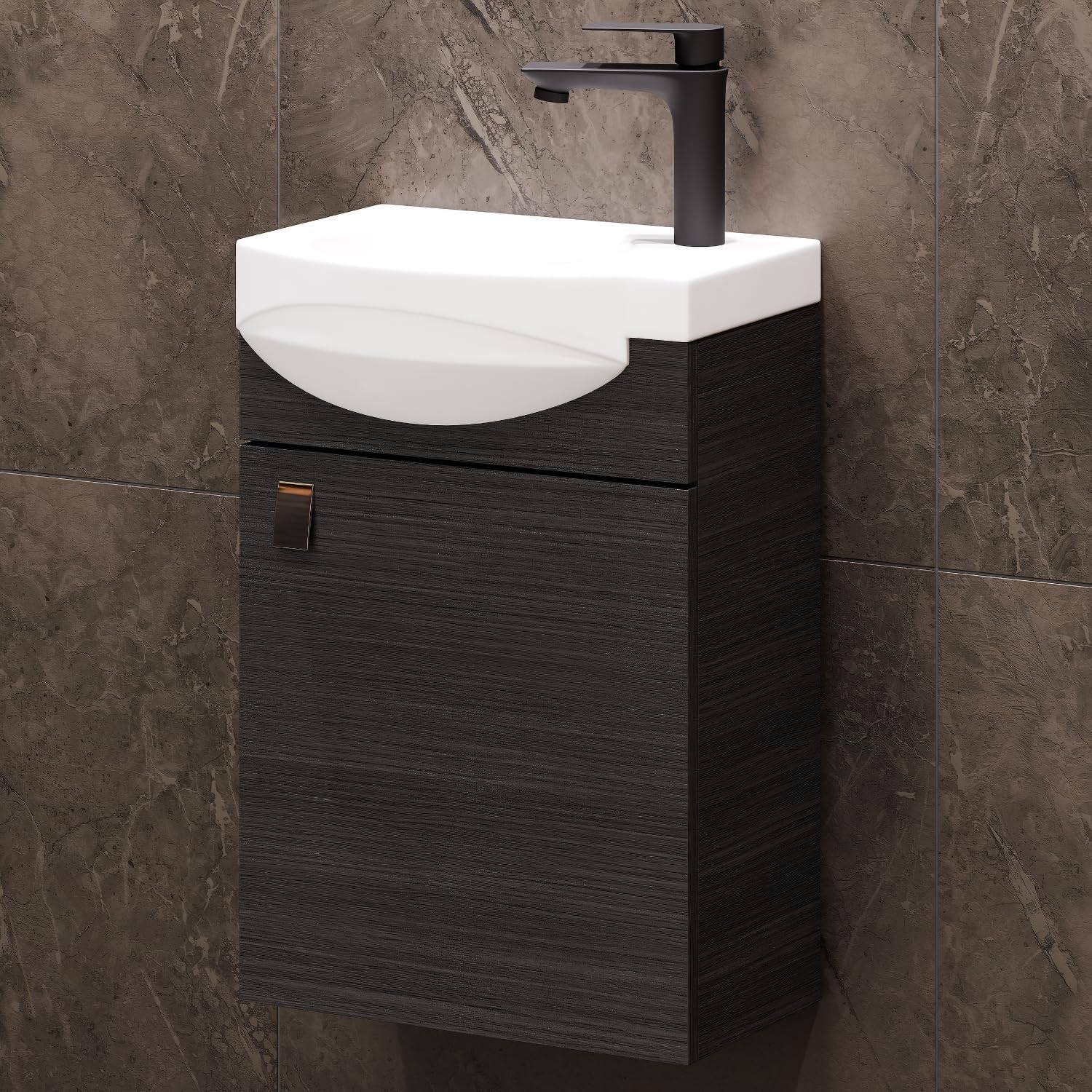 Planetmöbel Badmöbel Set Waschtisch mit Unterschrank 40 x 60 x 29 cm mit Waschtischarmatur schwarz für Badezimmer, Gäste WC & Bad, Anthrazit