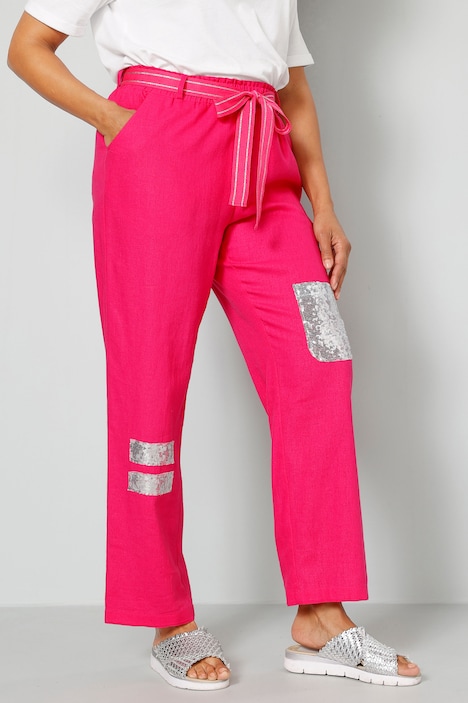 Hose, Straight Fit, Pailletten, Bindegürtel