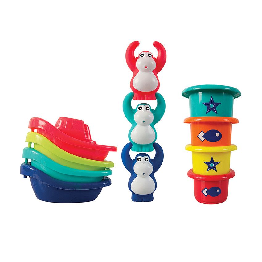 Coffret de Bain avec gobelets, bateaux et singes - Ecru
