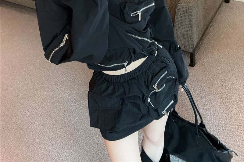 NENE - Set: Effen cropped jack met rits + High Rise Mini Pencil Skirt