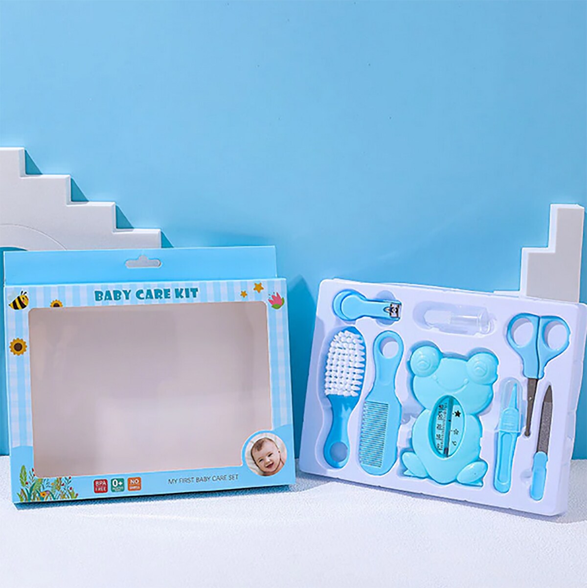 TPFBeauty Babypflege-Set 8-teilig mit Badewannen-Thermometer, Blau
