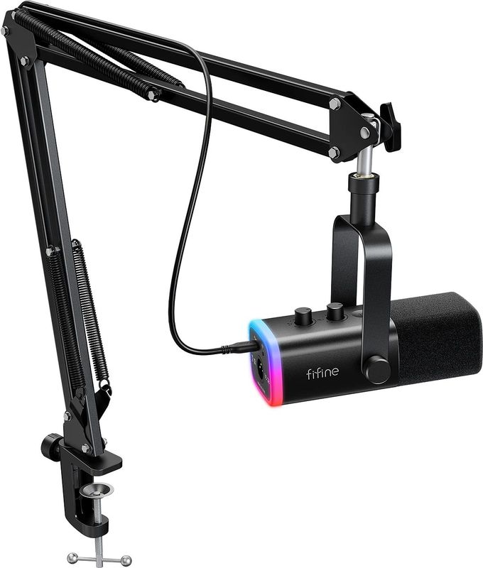 FIFINE XLR/USB Gaming Microfoon Kit met Koptelefoonaansluiting/Mute/RGB/Arm Stand, dynamische Microfoon Set voor PC PS5/4 Mixer AmpliGame AM8T
