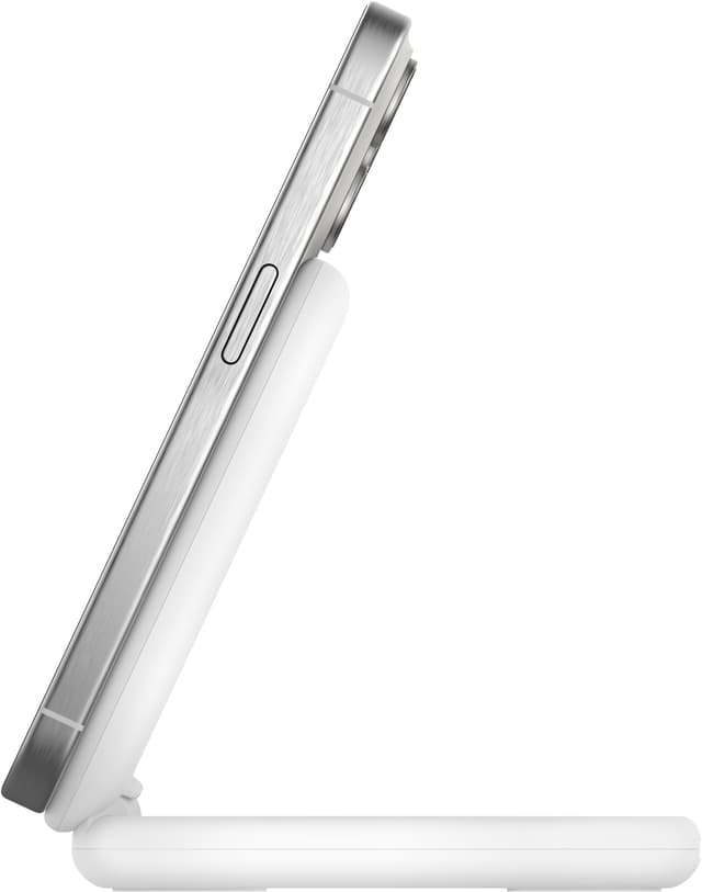 Belkin BoostCharge Qi2 magnetisk foldbar opladningsstander (hvid)