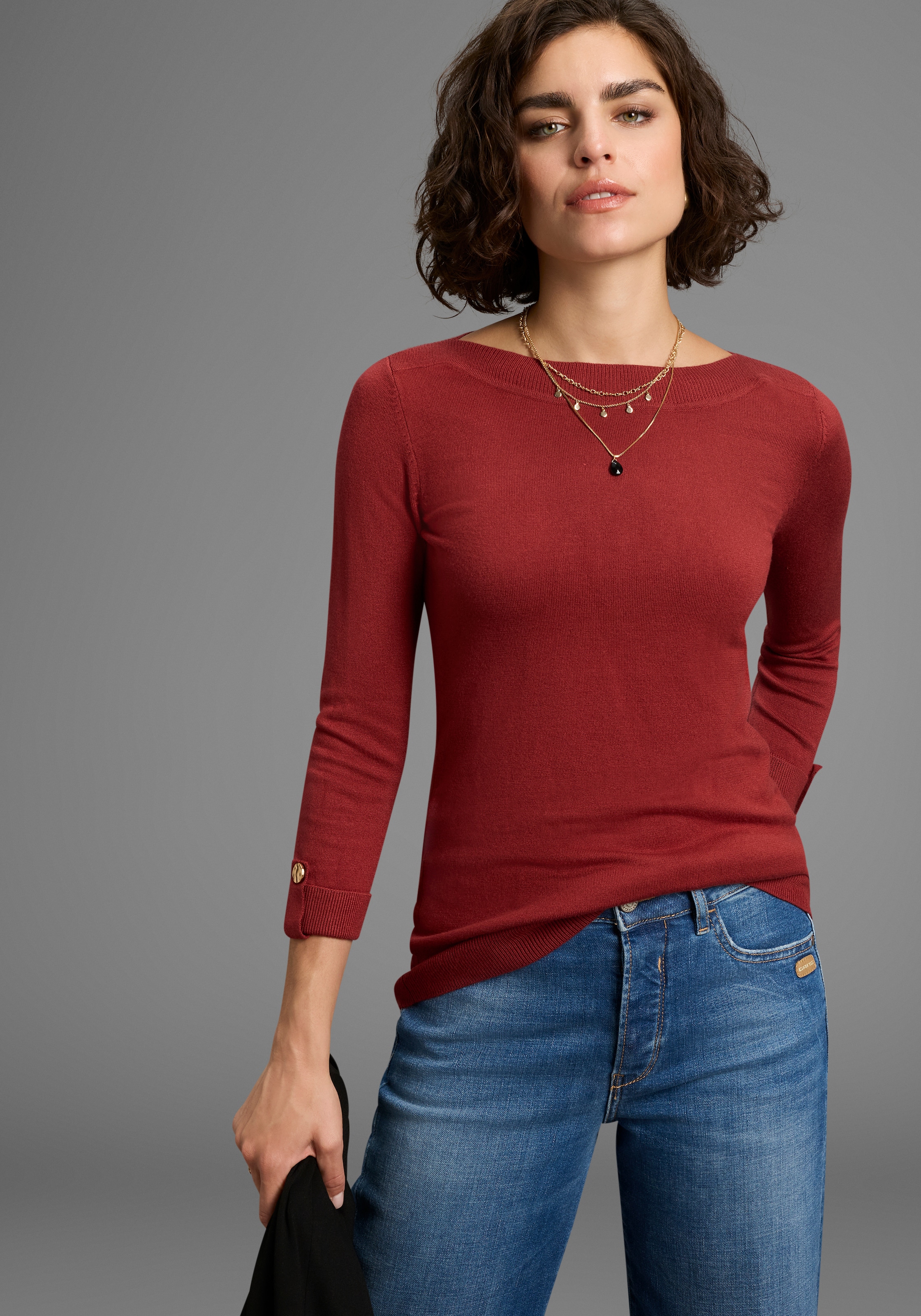 Laura Scott 3/4 Arm-Pullover , leichter Übergangspullover mit Knopfdetail