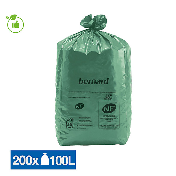 Sacs poubelle déchets lourds Bernard Green NF verts 100 L, lot de 200